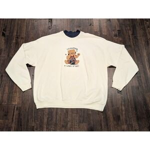 Vintage Grandma Sweatshirt‎ Womens XL Grannycore White Navy Embroidered Bear 90s
